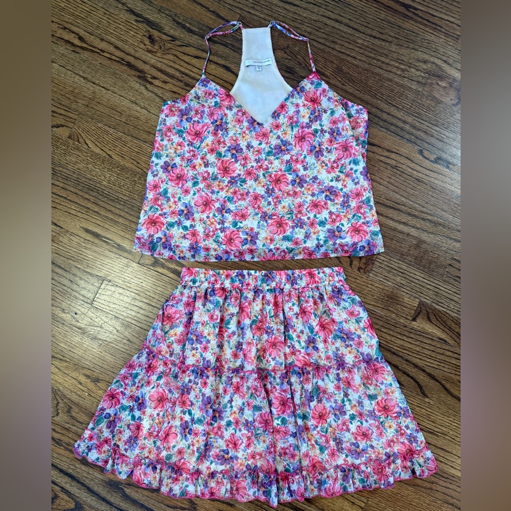 Lavender Brown lined floral skirt and top set size medium